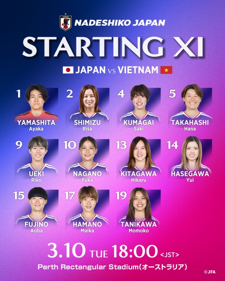 日本女足vs越南女足首发：长谷川唯、清水梨纱、谷川萌萌子出战
